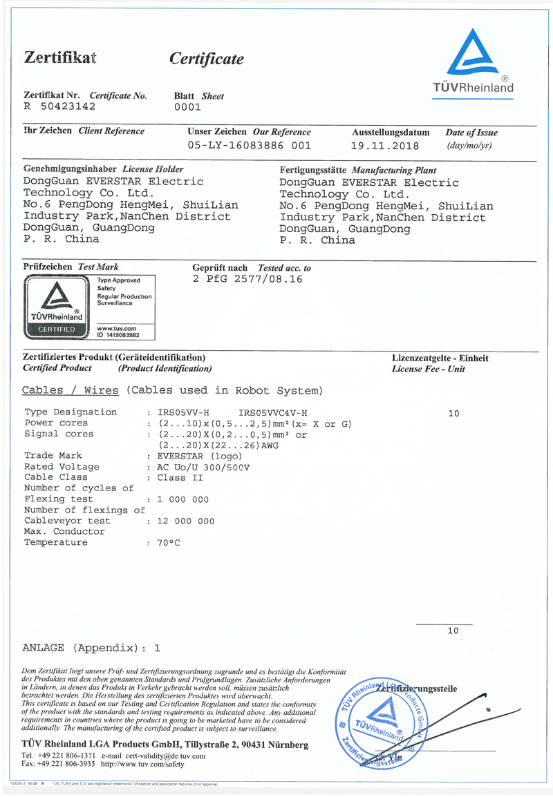 TUV萊茵機器人電纜證書